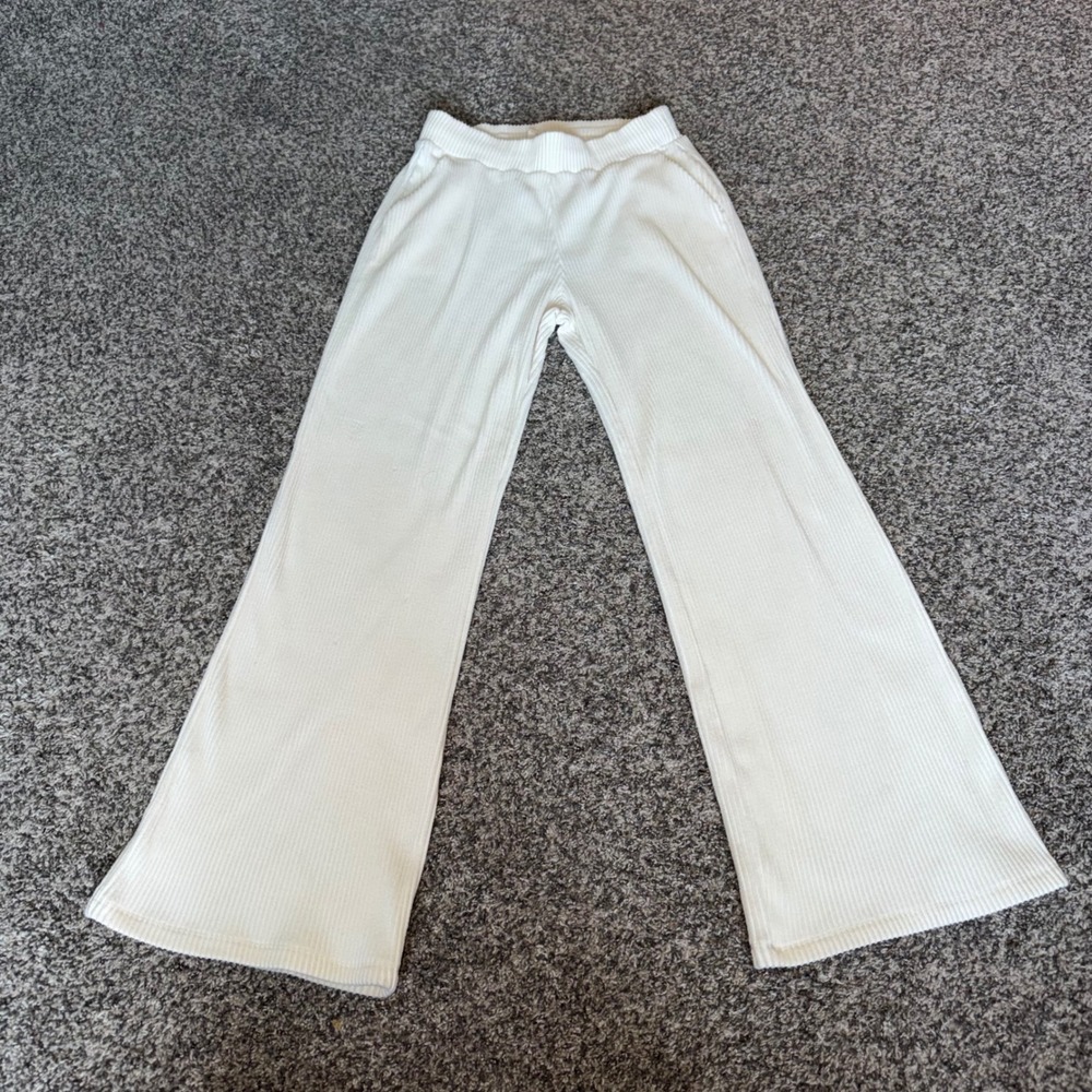 Abercrombie & Fitch Cream Ribbed Wide Leg Lounge Pants XS Drawstring White
